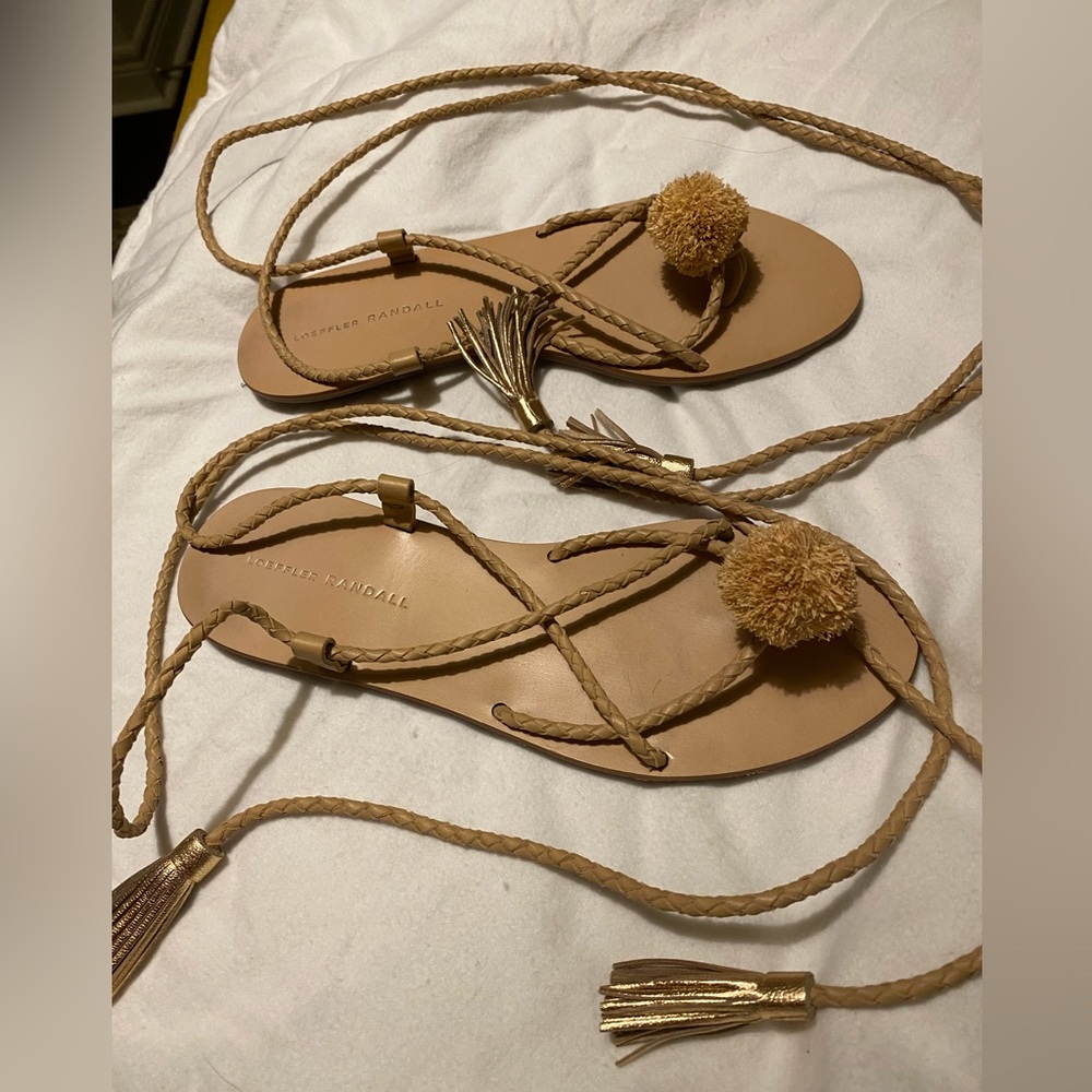 Loeffler Randall raffia and leather tassel wrap flat sandals with pompoms 8